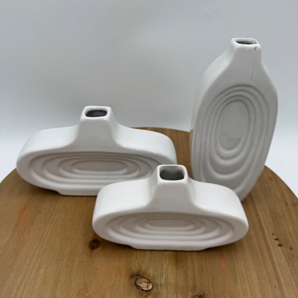 3 Vintage MCM Art Deco Oval Repeating Ring Bud Vases Marked Bottom White *READ* - Picture 3 of 16